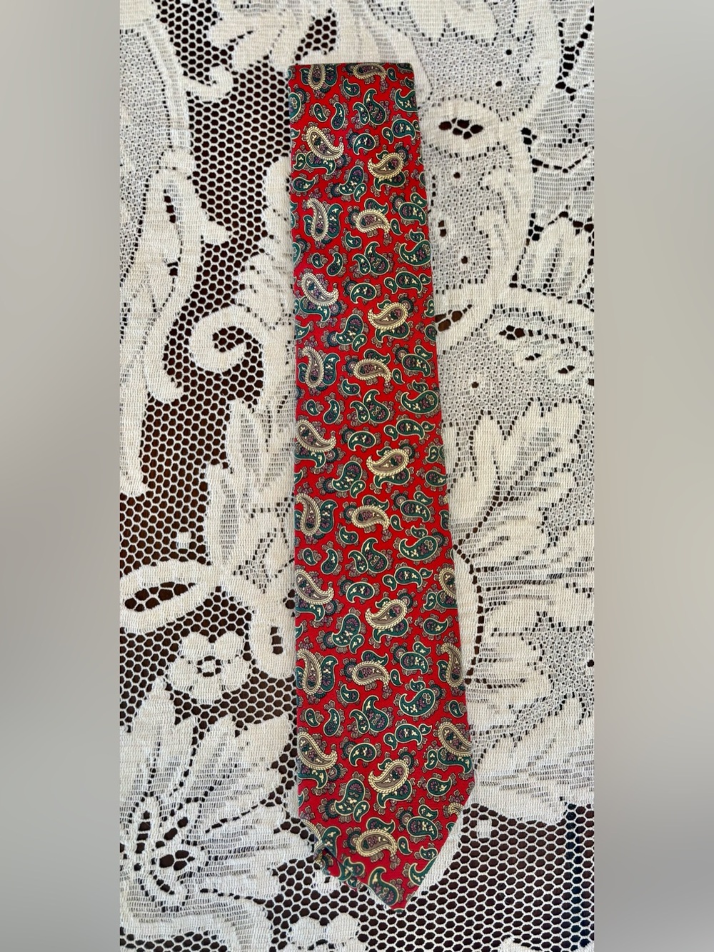 Polo Ralph Lauren Red Paisley Italian Silk Tie with Green & Gold Accents
